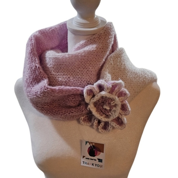 Hand Crafted 2pc Set Scaf & pom pom beanie purple crochet slauchy white striped - Picture 9 of 17